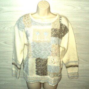 Beldoch Popper Vintage Pullover Sweater Women's Size M Knit Cream, Blue, Tan